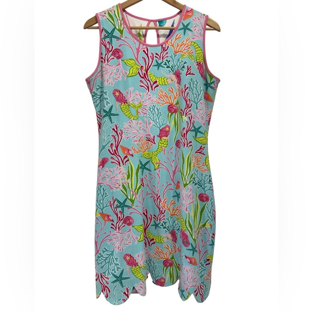 AnaClare Reversible Scallop Hem Shift Dress Sailboat Mermaid Ocean Reef Print M